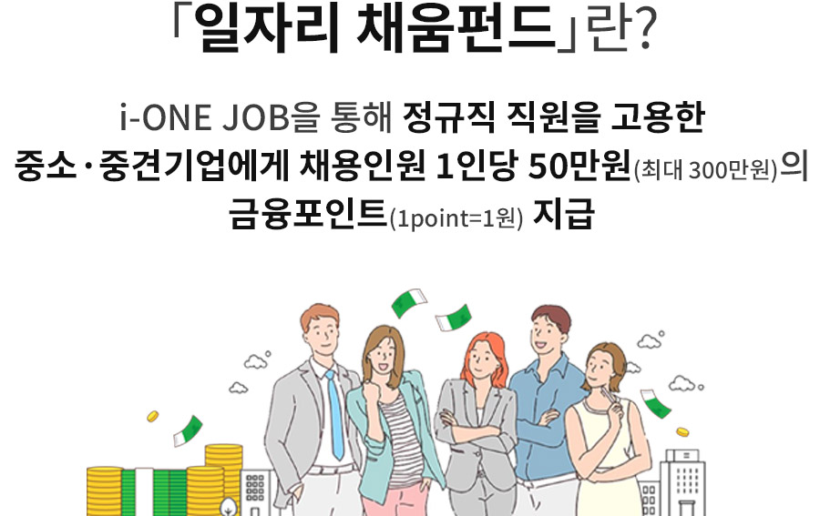 일자리 채움펀드란 ? i-one JOB을 통해 정규직 직원을 고용한 중소ㆍ중견기업에게 채용인원 1인당 50만원(최대 300만원)의 금융포인트(1point = 1원)지급